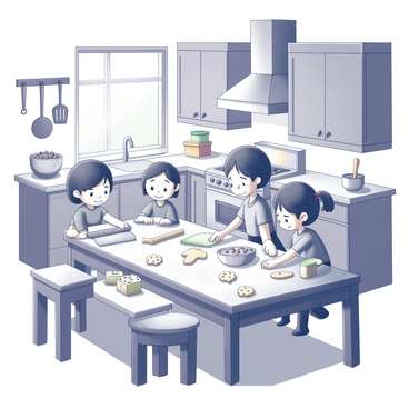 A cozy kitchen filled with various cartoon characters engaged in baking activities. The scene includes a large wooden table covered with flour, mixing bowls, and cookie dough. One character is rolling out the dough with a rolling pin, while another character is placing cookie shapes onto a baking sheet. A third character is stirring a bowl filled with chocolate chips. The kitchen features warm wooden cabinets, a vintage stove, and colorful kitchen utensils hanging on the walls. Sunlight streams through a window, illuminating the cheerful atmosphere of collaboration and joy in baking cookies.