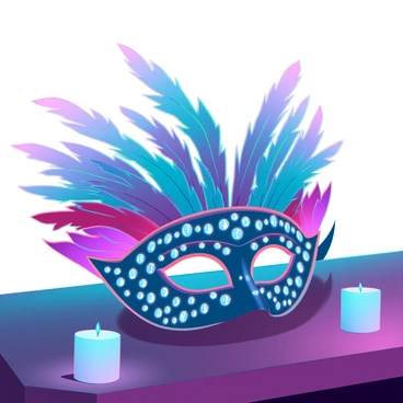 An elaborate masquerade mask featuring intricate designs and vibrant colors. The mask is adorned with sparkling jewels that catch the light, reflecting various hues. It is embellished with an array of colorful feathers, adding volume and texture. The mask rests elegantly on a smooth, polished table made of dark wood, with soft shadows accentuating its details. Small glimmers of light from nearby candles create a warm ambiance around the mask, enhancing its luxurious appearance.