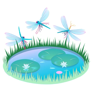 A group of vibrant dragonflies with iridescent wings are performing intricate movements around a serene lily pond. Each dragonfly showcases a variety of colors, including blue, green, and red. The pond is dotted with large, round lily pads, some adorned with delicate white and pink flowers. The water's surface reflects the clear blue sky overhead, while gentle ripples form beneath the dragonflies as they dance. The scene is filled with lush green reeds and soft grass bordering the pond, creating a harmonious natural setting.