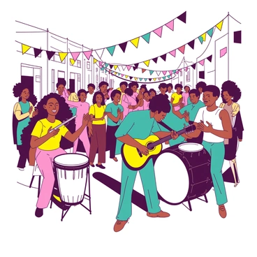 A vibrant scene shows musicians from different cultures playing together in a lively street performance. In the foreground, a teal guitarist is strumming a bright yellow acoustic guitar, while next to him, a white drummer is energetically beating a set of drums. To the left, a yellow woman playing a flute adds melodic notes that blend with the rhythm. A group of spectators surrounds the musicians, clapping and swaying to the music, with expressions of joy on their faces. Colorful banners hang from posts along the street, adding to the festive atmosphere.