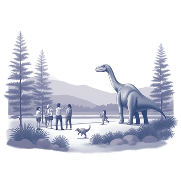 A prehistoric park filled with lush vegetation and towering ferns. In the foreground, a group of visitors stands at a safe distance, observing the scene. They are gathered together, pointing and taking pictures of the dinosaurs. In the midground, a large herbivorous dinosaur, such as a Brachiosaurus, stretches its long neck to reach treetops. Nearby, a smaller dinosaur, possibly a Velociraptor, runs playfully among the ferns. In the background, a landscape of rolling hills can be seen, providing a natural habitat for various dinosaurs. The sky is clear, allowing plenty of sunlight to illuminate the scene.