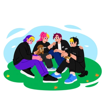 A group of four emo friends sitting close together on a vibrant green grass in a park. Two friends are hugging, offering support, while the other two sit beside them, listening intently. They each have distinct hairstyles, with colorful streaks in their hair, and wear dark, stylish clothing with band logos. The sun filters through the trees, creating dappled light around them. A few scattered autumn leaves provide a splash of color on the ground. One friend holds a small stuffed animal, adding a touch of warmth to the moment. The expressions on their faces convey empathy and understanding.