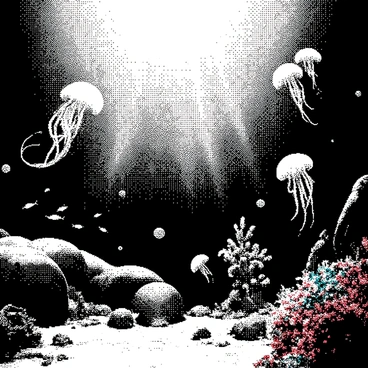 A magical underwater scene features a variety of sea creatures swimming gracefully. There are large, detailed jellyfish with long, flowing tentacles drifting through the water. Schools of fish can be seen darting among the vibrant coral structures in the background. A majestic octopus is positioned on a rock, its arms elegantly spread out. Bubbles are rising to the surface, enhancing the sense of movement in the water. Light rays pass through the surface, creating patterns on the sandy seabed below.