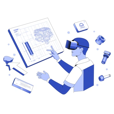 An engineer wearing VR goggles, designing a car engine in a digital space