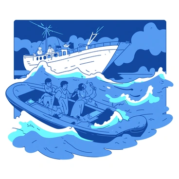 A blue lifeboat with several people onboard is actively rescuing individuals from a stranded ship amidst turbulent waves. The lifeboat is maneuvering through high, crashing waves, with water splashing around it. In the background, a large white ship is leaning precariously to one side, its deck visible with distressed figures calling for help. Dark clouds loom overhead, indicating the intensity of the storm, while flashes of light illuminate the scene. The expressions of urgency and determination are evident on the faces of those in the lifeboat as they reach out to rescue the stranded individuals.
