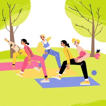 A small group of five friends performing glute bridges on colorful exercise mats laid out on vibrant green grass. The friends are in varying athletic outfits, with bright colors like pink, blue, and yellow. Sunlight filters through the trees surrounding the park, creating dappled light patterns on the ground. The expressions on their faces reflect focus and determination as they lift their hips off the mats. A few birds can be seen perched on nearby branches, adding to the lively atmosphere of the park.