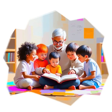 A group of five children of diverse descents, including a girl with curly dark hair, a boy with bright red hair, an Asian girl, a boy with glasses, and a child with light brown skin, are gathered closely around an elderly teacher with gray hair and gentle features. The teacher, wearing glasses and a comfortable sweater, holds an open book in his hands. The children are attentively looking at the book, their faces filled with curiosity and concentration. They are seated on a colorful rug in a cozy classroom filled with books and educational posters. The atmosphere is warm and inviting as they read "2 Timothy 3:16" together, creating a sense of community and learning.