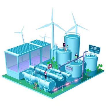 A hydrogen production facility with a sleek, modern design, featuring large cylindrical storage tanks and a series of pipes interconnected throughout the complex. Solar panels cover the rooftops, glinting in the sunlight, while wind turbines spin gracefully in the background, signifying the use of renewable energy. Workers in safety gear are seen operating machinery and monitoring screens, surrounded by green spaces with trees and plants integrated into the facility's design. Large digital displays show real-time data on hydrogen production levels. The sky is clear blue, enhancing the vibrant atmosphere of the scene.