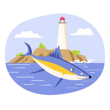 A vibrant blue sailfish with a long, pointed bill and a large dorsal fin is swimming gracefully through clear water. The fish is adorned with shimmering scales that reflect the sunlight. In the background, a tall white lighthouse with a red top stands prominently on a rugged rocky shore, with waves gently crashing against the rocks. The sky is a bright blue with a few fluffy white clouds scattered across it. The scene captures the dynamic movement of the sailfish and the sturdy presence of the lighthouse.