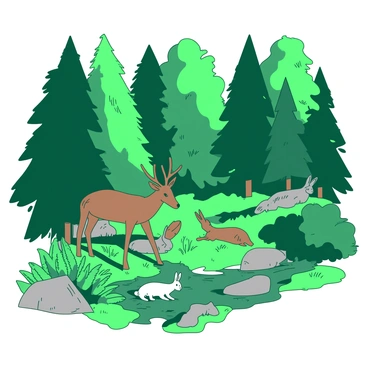 A dense forest with animals freely roaming, ignoring human-made boundaries