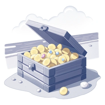 An open treasure chest made of weathered wood is placed on a sandy beach. The chest is overflowing with gold coins, which have intricate designs on their surfaces. Sparkling jewels of various shapes and sizes are scattered among the coins, reflecting light. The beach background includes gentle waves lapping at the shore and a few seashells scattered in the sand. The sky above shows a few fluffy clouds, giving the scene a sense of openness and adventure.