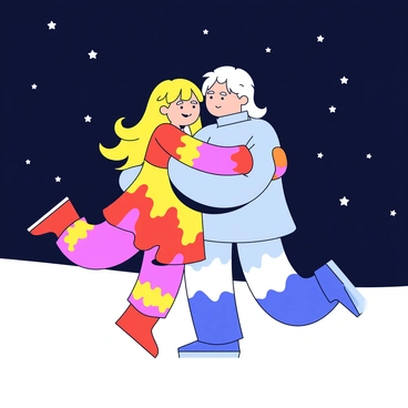Two figures are embracing under the night sky. One figure represents fire, with vibrant orange and red colors, and its body has flowing, flame-like shapes. The other figure represents ice, depicted in cool shades of blue and white, with sharp, crystalline edges. They are close together, showcasing a contrast between the warmth of the fire figure and the coolness of the ice figure. The background features a dark sky dotted with stars, creating a serene nighttime atmosphere.