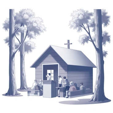 A makeshift chapel in the forest with a small group of people listening to a sermon amongst towering trees