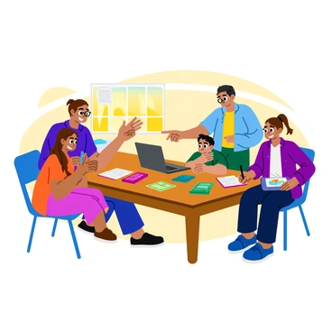 A family of four is gathered around a wooden dining table, engaged in a discussion about their monthly budget. The table is cluttered with colorful papers, a calculator, and a laptop. The father, wearing glasses, is pointing at a spreadsheet on the screen, while the mother takes notes on a notepad. A teenage boy is holding a pen, looking thoughtfully at a stack of bills, and a younger girl is coloring on a sheet of paper beside him. Sunlight streams through a nearby window, illuminating the scene with a warm glow.