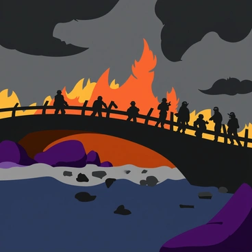 A war-torn bridge at night, with soldiers silhouetted against the flames