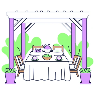 A rustic porch is adorned with wooden beams and a large table at the center. The table is set for brunch, featuring a white tablecloth. At the center of the table, there are several dishes showcasing sliced dragon fruit, arranged neatly on vibrant plates. Surrounding the dragon fruit, there are additional brunch items including a bowl of fresh berries and a pitcher of green juice. The setting is decorated with potted plants on either side of the table, and there are wooden chairs pulled up around the table, creating an inviting atmosphere for a meal.