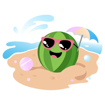 A cartoon-style watermelon with a happy face wearing sunglasses on the beach.