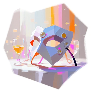 An intricate origami mask designed for a masquerade ball is displayed prominently. The mask features delicate folds and sharp angles, crafted from shimmering paper that reflects light in various hues. It incorporates a variety of patterns, including floral motifs and geometric designs, enhancing its ornate appearance. Soft ribbons are attached to the sides, allowing for secure wear. The background showcases a softly blurred ballroom setting, filled with elegant decorations and gentle lighting that creates an enchanting atmosphere. The mask is positioned at a slight angle, highlighting its craftsmanship and the complexity of its design.