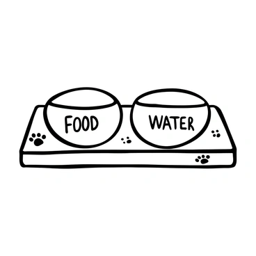 A matching set of two round dog bowls, one labeled "Food" and the other labeled "Water," placed on a rectangular wooden tray. The bowls have simple designs with a smooth finish, and the tray features a natural wood grain texture. There are small paw prints etched into the surface of the tray, adding a playful touch. The bowls are positioned side by side, creating a symmetrical arrangement.