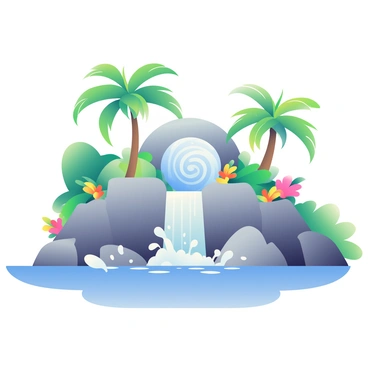 A secluded island cove is filled with lush, green vegetation and tall palm trees swaying gently in the breeze. In the foreground, a majestic waterfall cascades down smooth rocks, sending sparkling droplets into the air. Behind the waterfall, a hidden portal glows with a soft blue light, its swirling patterns hinting at a magical entrance. The water splashes around the base of the waterfall, creating a mist that catches the light, while colorful tropical flowers bloom nearby, adding vibrant touches to the tranquil scene.