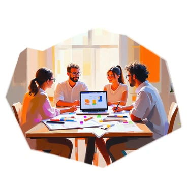 A group of illustrators discussing a project over a large table with sketches and notes