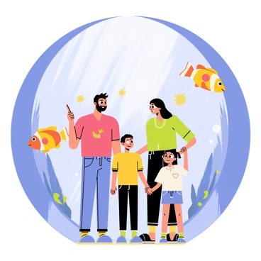 A family of four, consisting of two adults and two children, stands together inside a glass underwater tunnel at an aquarium. The tunnel is filled with clear, blue water, and vibrant fish of various colors and sizes swim gracefully around them. The parents are pointing at a large, colorful clownfish, while the children appear excited, with wide eyes and smiles. Sunlight filters through the water, creating a shimmering effect on the glass walls of the tunnel, and small bubbles rise around the fish.