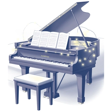 A grand piano sits in a cozy setting, its polished surface reflecting the soft glow of "twinkling fairy lights" that are wrapped around the piano. The lights are draped gracefully over the edges, creating a warm and inviting atmosphere. A single sheet of music rests on the stand, open to a beautiful composition. A soft, cushioned bench is positioned in front of the piano, inviting a musician to sit and play. In the background, the silhouettes of soft furnishings can be seen, adding to the intimate feel of the scene. The overall ambiance suggests a peaceful evening performance, filled with the promise of enchanting melodies.