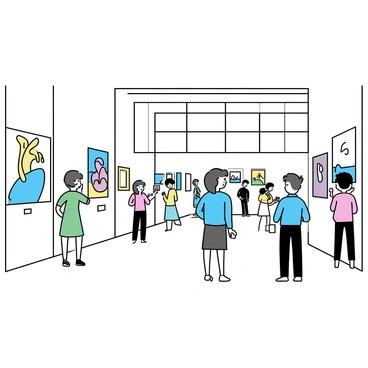 A spacious gallery filled with contemporary art pieces displayed on white walls. Various innovative installations, including a large abstract sculpture and colorful canvas paintings, are strategically positioned throughout the space. Visitors of diverse backgrounds, including a woman with short hair wearing a green dress and a man in a blue shirt and jeans, are standing in front of different artworks, admiring and discussing the installations. Some visitors are taking photos while others are reading information placards next to the art. Natural light filters in through large windows, illuminating the vibrant colors of the artwork.