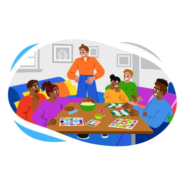 A parent is standing in the living room, smiling as they lead family members in a fun game night. The room is filled with a colorful assortment of board games spread across a large wooden table. Children and adults are seated around the table, all engaged and laughing. One child is holding a pair of red dice, while another is pointing at a game card. The walls are decorated with family photos, and a cozy couch with bright cushions is in the background. A bowl of popcorn sits on the table, adding to the festive atmosphere. The overall scene radiates warmth and joy.