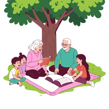 Two elderly grandparents are sitting on a large blanket spread out on the grass under a big tree with a thick trunk and abundant green leaves. The grandmother, wearing a cozy pink sweater, is animatedly sharing a story while the grandfather, in a teal shirt, listens with a warm smile. Surrounding them are three children, sitting cross-legged, with expressions of excitement and wonder. One child is holding a small orange book, while another child is leaning closer, listening intently. The sunlight is filtering through the branches, casting playful shadows on the blanket.