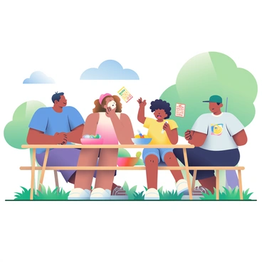 A family of four is gathered around a wooden picnic table in a park, enjoying a sunny day. The father has short black hair and is wearing a blue t-shirt. The mother has long brown hair tied in a ponytail and is wearing a light pink sundress. Their young daughter, with curly hair and dressed in a yellow t-shirt and denim shorts, is excitedly raising a bingo card. The son, wearing a green cap and a graphic t-shirt, is focused on marking his card with a red marker. In front of them, there are colorful bingo cards and a bowl filled with snacks like chips and fruit. The park is filled with green grass, and there are trees providing shade in the background. A bright blue sky with a few fluffy clouds is overhead.