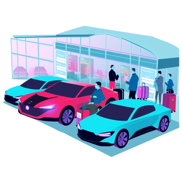 Cars lined up at the airport pickup zone as passengers arrive with their luggage