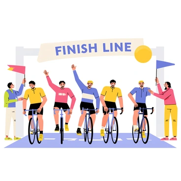 Cyclists celebrating as they cross the finish line in a competitive race