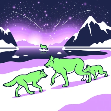 A pack of wolves is traversing a frozen fjord, their sleek bodies moving gracefully across the icy landscape. The lead wolf has a thick coat that appears to shimmer in the light. The wolves are depicted in a variety of poses, some in mid-stride while others pause, alert to their surroundings. In the background, the fjord is bordered by jagged cliffs, reflecting the luminous glow above. The sky is filled with vivid lights, swirling and dancing across the dark backdrop, creating a breathtaking natural display. The wolves' breath is visible in the cold air, adding to the wintry atmosphere of the scene.