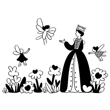 A queen dressed in a regal gown with intricate patterns stands gracefully amidst a garden. She is surrounded by tiny fairies, each with delicate wings and whimsical attire, fluttering around her. The garden is filled with heart-shaped flowers in various sizes, creating a vibrant atmosphere. The queen gestures towards the fairies, who are playfully dancing among the flowers. The scene captures a moment of enchantment in a magical setting.