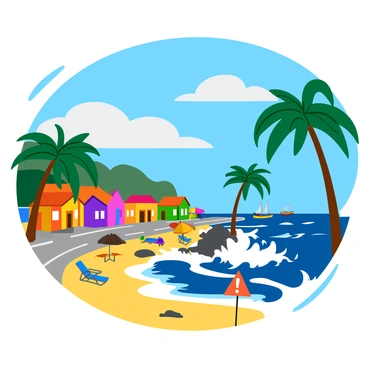 A coastal town featuring colorful houses built close to the beach, as dark clouds loom overhead. Waves reach impressive heights, crashing violently against the rocky shore and sending sprays of water into the air. Palm trees sway in the strong wind, their fronds bending dramatically. The streets are empty, with a few scattered beach chairs and umbrellas being tossed around by the gusts. In the distance, fishing boats bob precariously in the turbulent water. A warning sign stands firmly in the sand, reading "Danger: High Waves" with an exclamation mark.