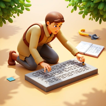 An archaeologist with short brown hair wearing a beige field jacket is kneeling in front of a stone tablet covered in intricate ancient runes. The archaeologist is using a small brush to gently clear away dirt from the tablet. Sunlight filters through the trees, casting dappled shadows on the ground. In the background, there are scattered archaeological tools, such as a trowel and a notebook with sketches of the runes. The expression on the archaeologist’s face conveys concentration and determination as they work to decipher the mysterious inscriptions.