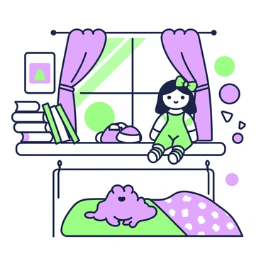 A child's room is filled with colorful decorations and toys. On a shelf, there is a doll that has a charming expression, with its eyes appearing to follow the viewer. The doll is dressed in a vibrant outfit, complete with a small bow in its hair. Next to the doll, there are a few picture books stacked haphazardly. Below the shelf, a plush toy is placed on a small rug, and a bed with patterned sheets is visible in the background. Light filters through a window adorned with cheerful curtains, adding a playful atmosphere to the room.