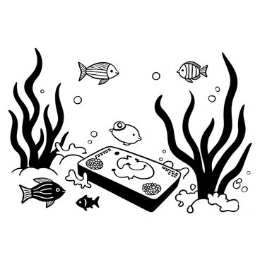 An underwater scene featuring a Ouija board resting on the sandy ocean floor. The Ouija board is surrounded by various types of fish swimming around it, each fish displaying intricate patterns and shapes. Tall seaweed sways gently in the currents, partially framing the board. Bubbles rise from the bottom, creating a sense of movement throughout the scene.