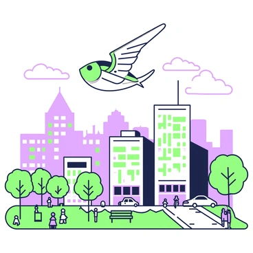 A flying fish is hovering above a bustling cityscape. The fish has long, delicate fins extended wide as it glides effortlessly in the air. Below, the city is filled with tall buildings of various shapes, with windows reflecting sunlight. Cars are moving along the streets, and people can be seen walking on the sidewalks. In the foreground, a park is visible with trees and benches, adding a touch of nature amidst the urban environment. The sky is clear with a few fluffy clouds, enhancing the contrast between the flying fish and the city below.