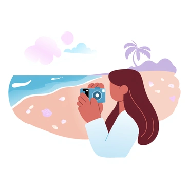 A girl is holding an old-fashioned camera, focusing intently on the beach scenery. She has long, flowing hair that gently sways in the breeze. The beach is lined with soft waves lapping at the shore, creating a peaceful atmosphere. In the background, there are distant silhouettes of palm trees swaying subtly, while scattered seashells and smooth pebbles can be seen on the sandy beach. A bright sun is shining overhead, casting warm pastel colors across the scene. 