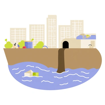 A cartoon-style illustration depicting a brown urban drain with dark sewage flowing out of it. The drain is located in a bustling city environment with tall buildings in the background. On the foreground, the brown sewage flows directly into the Ganges river, which has a light blue color and gentle waves. Litter and debris are visible near the drain, emphasizing pollution. The contrast between the murky sewage and the clearer water of the Ganges is evident, creating an impactful visual scene.