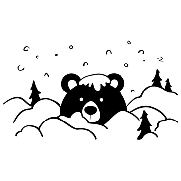A bear's head partially visible among the snow, with its ears perked up and fur fluffed against the cold. Surrounding the bear are gentle mounds of snow, creating a soft, white landscape. Snowflakes are falling from the sky, some landing on the bear's head and the surrounding ground. A few distant pine trees can be seen, their branches heavy with snow. The scene conveys a sense of stillness in a winter environment.