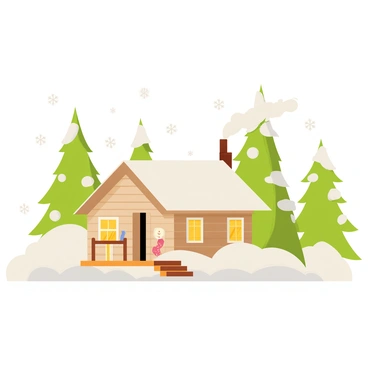 A winter wonderland scene featuring tall, snow-covered pine trees with thick layers of white snow resting on their branches. In the foreground, there is a cozy cabin with smoke curling up from the chimney. The cabin has warm yellow lights glowing from its windows, illuminating the snow-covered ground around it. Snowflakes are gently falling from a pale gray sky, adding to the magical atmosphere. A small wooden deck with a few colorful decorations is in front of the cabin, creating a welcoming appearance.