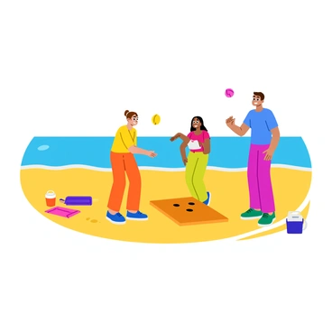 A group of three friends playing cornhole on a sandy beach. The friends are laughing and having fun, with two of them standing near a cornhole board while one player is in the act of tossing a bean bag. The beach is filled with golden sand, and the bright blue ocean stretches into the background. A few colorful beach towels and a small cooler are nearby, enhancing the beach setting. The sun is shining brightly, creating clear shadows on the sand.