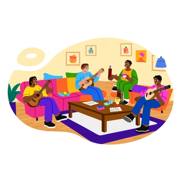 A cozy living room with warm lighting and comfortable furniture. A group of four friends is gathered, each holding a different musical instrument. One friend is playing an acoustic guitar, another is on the keyboard, a third is playing a tambourine, and the fourth is singing into a microphone. There are colorful pillows scattered on a large, plush sofa, and a coffee table is filled with snacks and drinks. A few music sheets are spread out on the table, and a decorative rug covers the wooden floor. The walls are adorned with framed pictures of happy memories. The friends are smiling and enjoying their time together, creating a lively atmosphere.