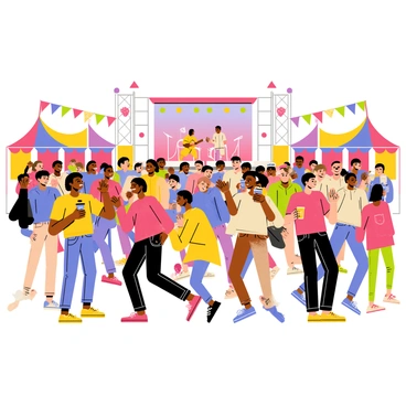 A lively crowd of diverse people is dancing and enjoying a concert at an outdoor music festival. Colorful tents and festival banners are set up around the scene. The crowd features individuals wearing bright, festive clothing, some holding drinks and others waving their hands in the air. A large stage is visible in the background, with musicians performing under vibrant stage lights. The atmosphere is filled with energy as people smile and dance to the rhythm of the music.