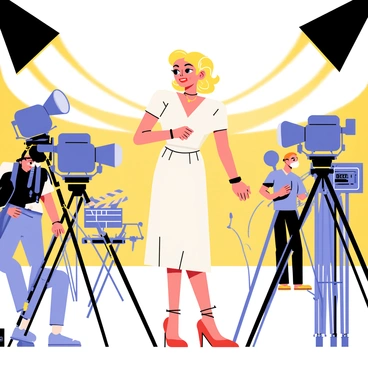 A cartoon-style illustration of "Marilyn Monroe" on a movie set. She is standing in the center wearing a glamorous white dress and her iconic blonde curls are styled perfectly. Surrounding her are several large "cameras" positioned on tripods, capturing the moment. Bright "lights" are shining down from above, illuminating the scene with a warm glow. In the background, there are crew members adjusting equipment and other film set details like a clapperboard and director's chair. The atmosphere is lively, capturing the excitement of a film shoot.