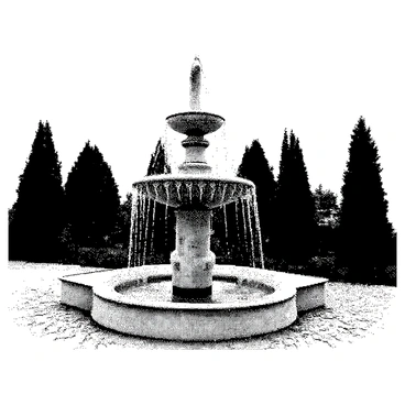 A fountain stands prominently in the center of a square. The structure is made of smooth stone, with intricate carvings adorning its surface. Water streams from the top of the fountain, appearing to flow upward against gravity, creating a mesmerizing visual effect. The water arcs gracefully, with droplets suspended in mid-air. Surrounding the fountain, a neatly paved area features small, rounded stones that lead up to its base. Elegant greenery, including bushes and small trees, frames the scene, completing the tranquil atmosphere.