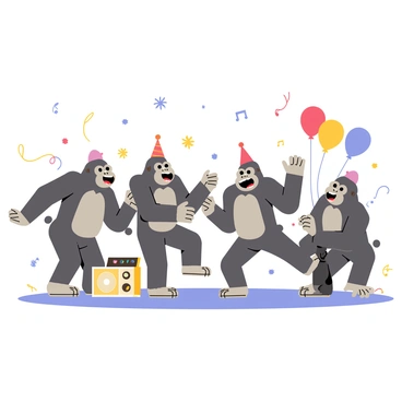 A group of four gorillas is gathered in a bright, cheerful setting, celebrating a festive occasion. Two gorillas are dancing joyfully, with wide smiles on their faces. Colorful balloons in various shapes and sizes float above them, including red, blue, and yellow balloons. One gorilla is holding a small, colorful party hat atop its head. A portable speaker is placed nearby, playing music, and musical notes are illustrated floating around to indicate the lively atmosphere. Scattered around are confetti and party streamers, adding to the festive feel of the scene.